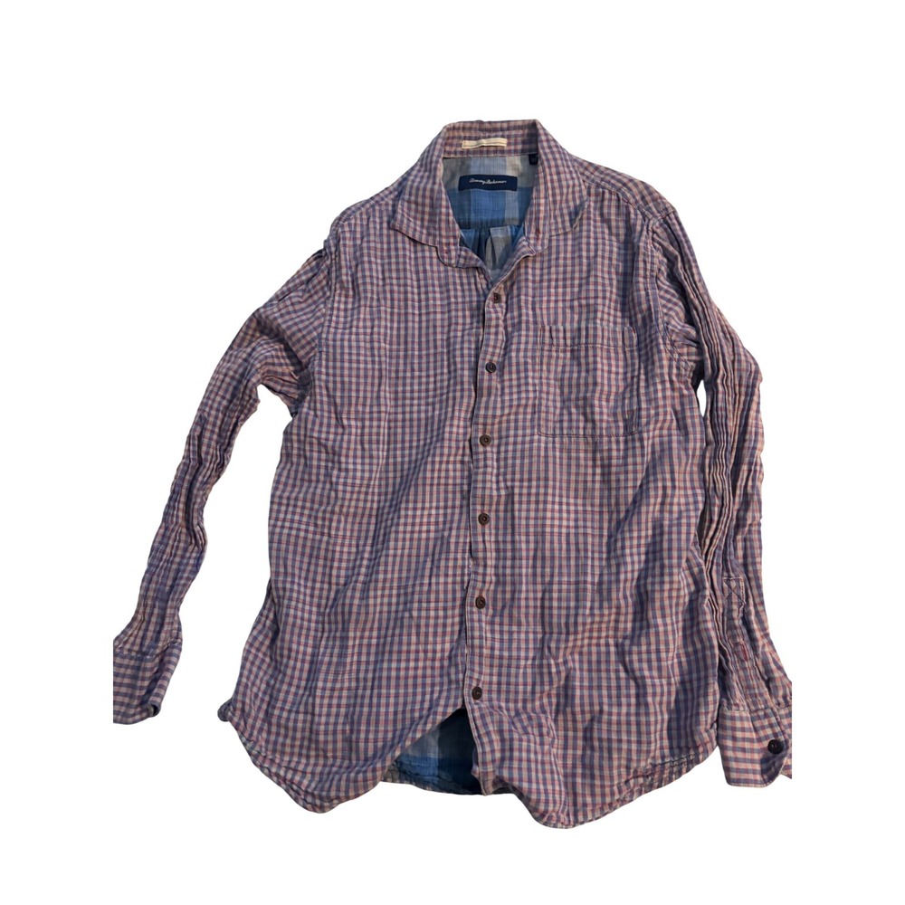 Tommy Bahama Button Down Shirt Gingham Plaid Blue Red Cotton Pocket Mens‎ Large